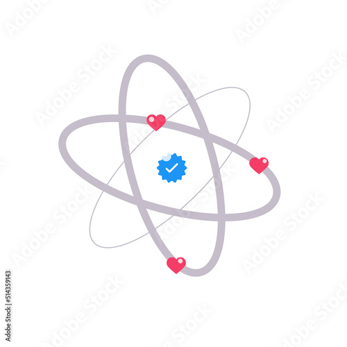 Atom icon in flat design with verification and hearts
