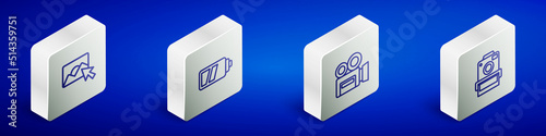 Set Isometric line Photo retouching, Battery for camera, Retro cinema and icon. Vector