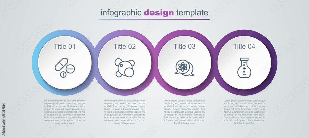 Naklejka premium Set line Medicine pill or tablet, Molecule, Atom and Test tube. Business infographic template. Vector