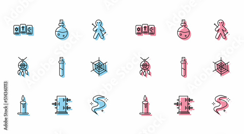 Set line Burning candle in candlestick, Trunk for magic tricks, Three tarot cards, Magic fog smoke, Bottle with love potion, Spider web, Dream catcher feathers and icon. Vector