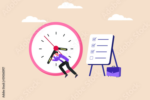 Businessman holding clockwork related to unfinished tasks. Time management concept.  Colored flat graphic vector illustration isolated. 
