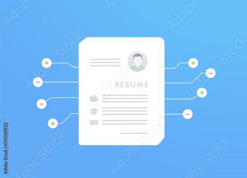 Artificial intelligence in hiring concept. AI in HR human resource management illustration. Robot scans CV of potential employees, analyzes, grades various skills listed in resume. HR automation icon