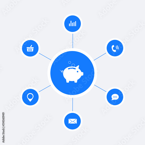 Multiple Types of Income Streams business concept icon. Multi cash flow from different business opportunity - cold calls, old clients, offline and online advertising into wealthy piggy bank