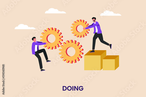 Businessman with his friend use all his power and skill to rotate group of cogwheels gear. Job training concept. Flat vector illustration isolated.
