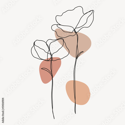 Abstract floral line art vector. Isolated hand drawn botanical with earth tone organic shapes. Minimal flower and leaves art illustration design for wedding, decorative, invitation, greeting