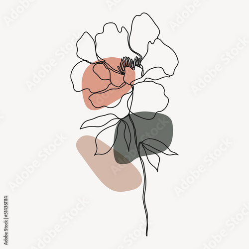 Abstract floral line art vector. Isolated hand drawn botanical with earth tone organic shapes. Minimal flower and leaves art illustration design for wedding, decorative, invitation, greeting