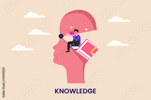 Businessman  putting  book into human head to upgrade knowledge. Job training Concept. Flat vector illustration isolated.