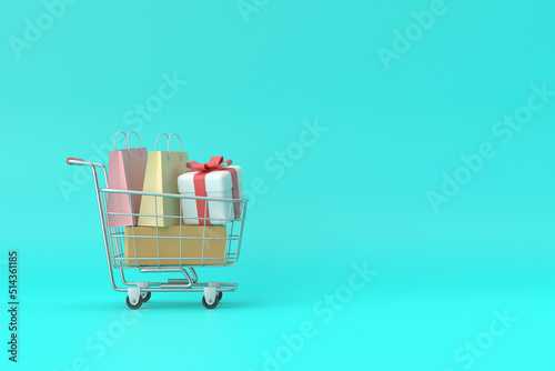 Shopping cart banner design. 3D rendering.