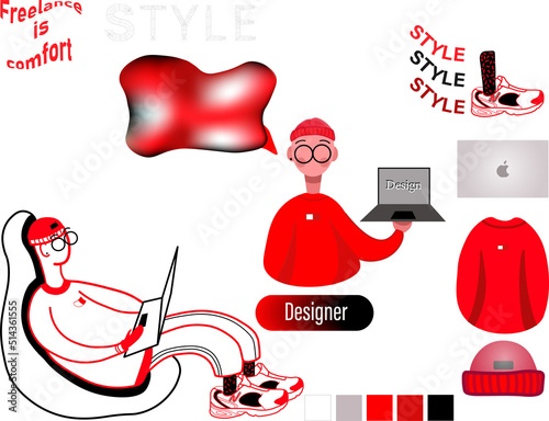 Designer guy with laptop , freelancer in oversize clothes, illustration in red style,