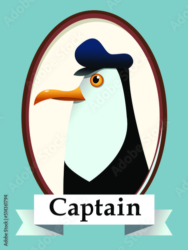 cute illustration-portrait of a penguin captain in a frame.Character design for a sea voyage.Humorous picture for printing,postcards,advertising,clothes,etc.