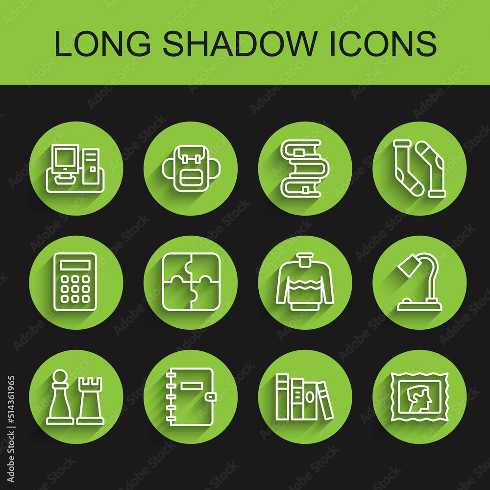 Set line Chess, Spiral notebook, Monitor with keyboard, Book, Postal stamp, Piece of puzzle, Table lamp and Sweater icon. Vector Set line Chess, Spiral notebook, Monitor with keyboard, Book, Postal stamp, Piece of puzzle, Table lamp and Sweater icon. Vector