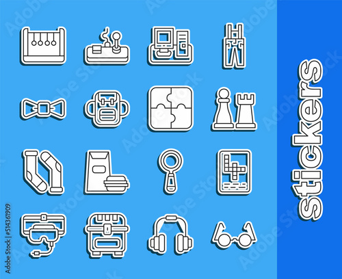 Set line Eyeglasses, Crossword, Chess, Monitor with keyboard, School backpack, Bow tie, Pendulum and Piece of puzzle icon. Vector