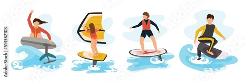 Foilboard rider set. Young people surfing efoil boards.