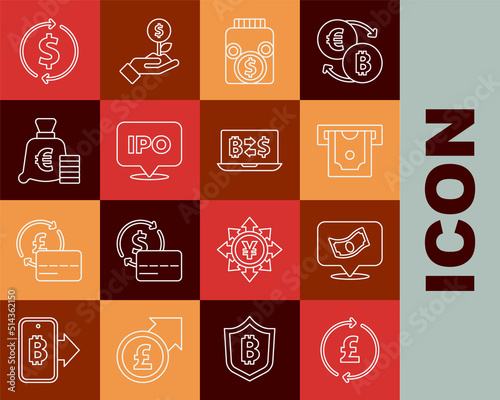 Set line Coin money with pound, Stacks paper cash, ATM and, Glass jar coin, IPO, euro symbol, Financial growth dollar and Cryptocurrency exchange icon. Vector