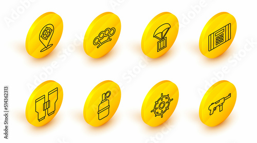 Set line Submachine gun M3, Target sport, Hand grenade, Binoculars, Dynamite bomb, Airdrop box, Brass knuckles and icon. Vector