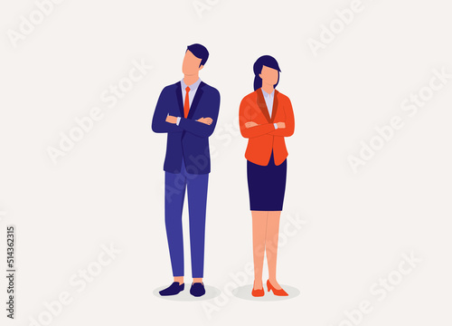 Upset Businessman And Businesswoman In Formal Wear Standing Back To Back With Crossed Arms, Looking Away And Not Talking With Each Other. Full Length. Character, Cartoon.