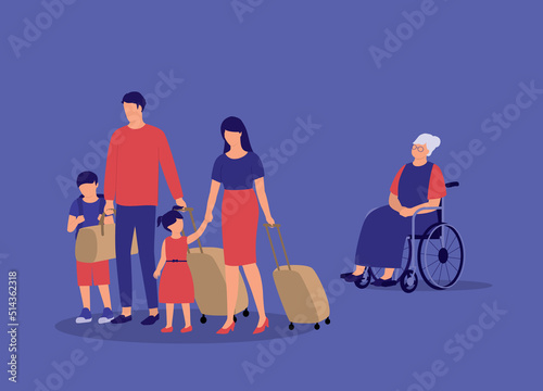Irresponsible Adult Children Abandon Their Elderly Disabled Mother, Carrying Luggage Bag And Moving Away From Her When She Needed Them The Most. Full Length. Character, Cartoon.