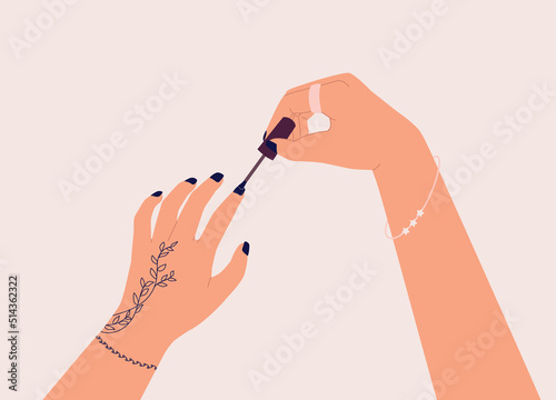 One Female Person’s Hand With Tattoo, Ring And Bracelet, Applying Black Color Nail Polish On Her Own Fingernails. Close-Up. Character, Cartoon.