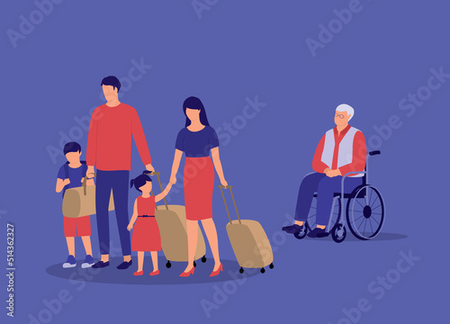 Irresponsible Adult Children Abandon Their Elderly Disabled Father, Carrying Luggage Bag And Moving Away From Him When He Needed Them The Most. Full Length. Character, Cartoon.