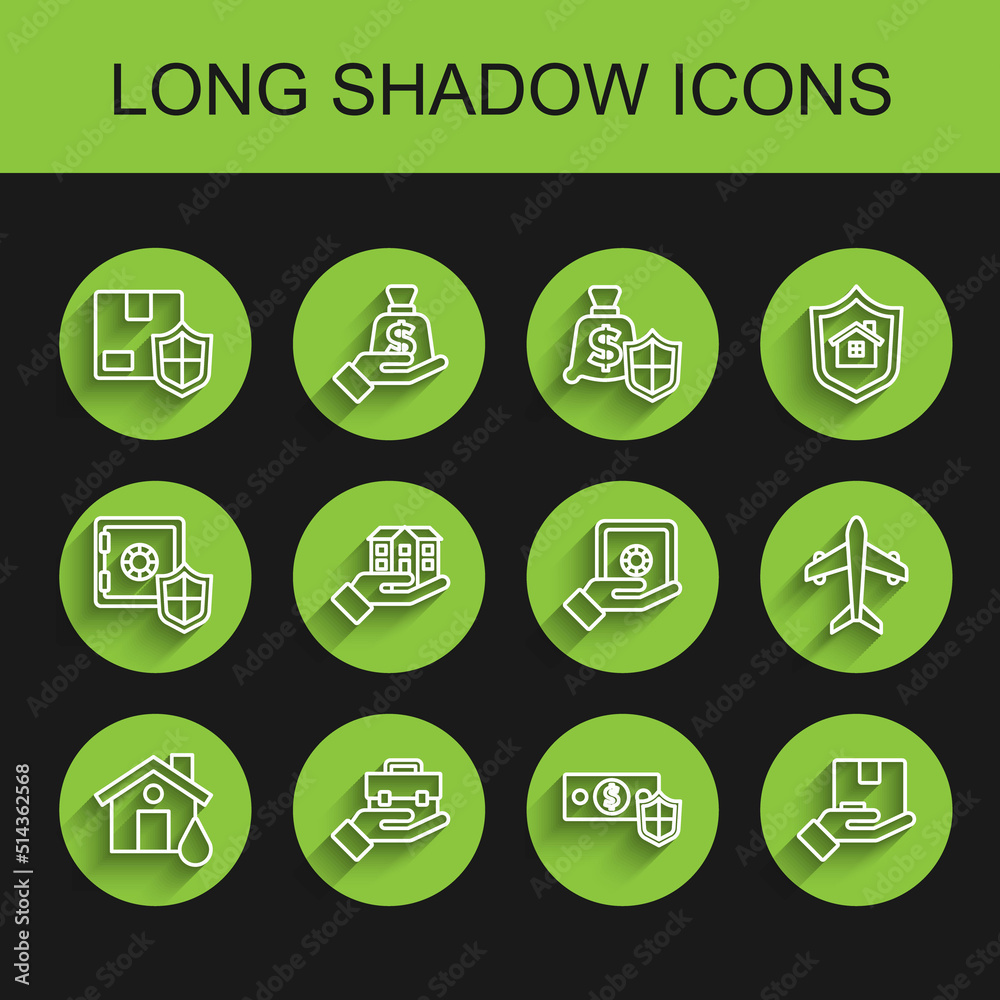 Fototapeta premium Set line House flood, Hand holding briefcase, Delivery security with shield, Money, insurance, hand, Plane and Safe icon. Vector