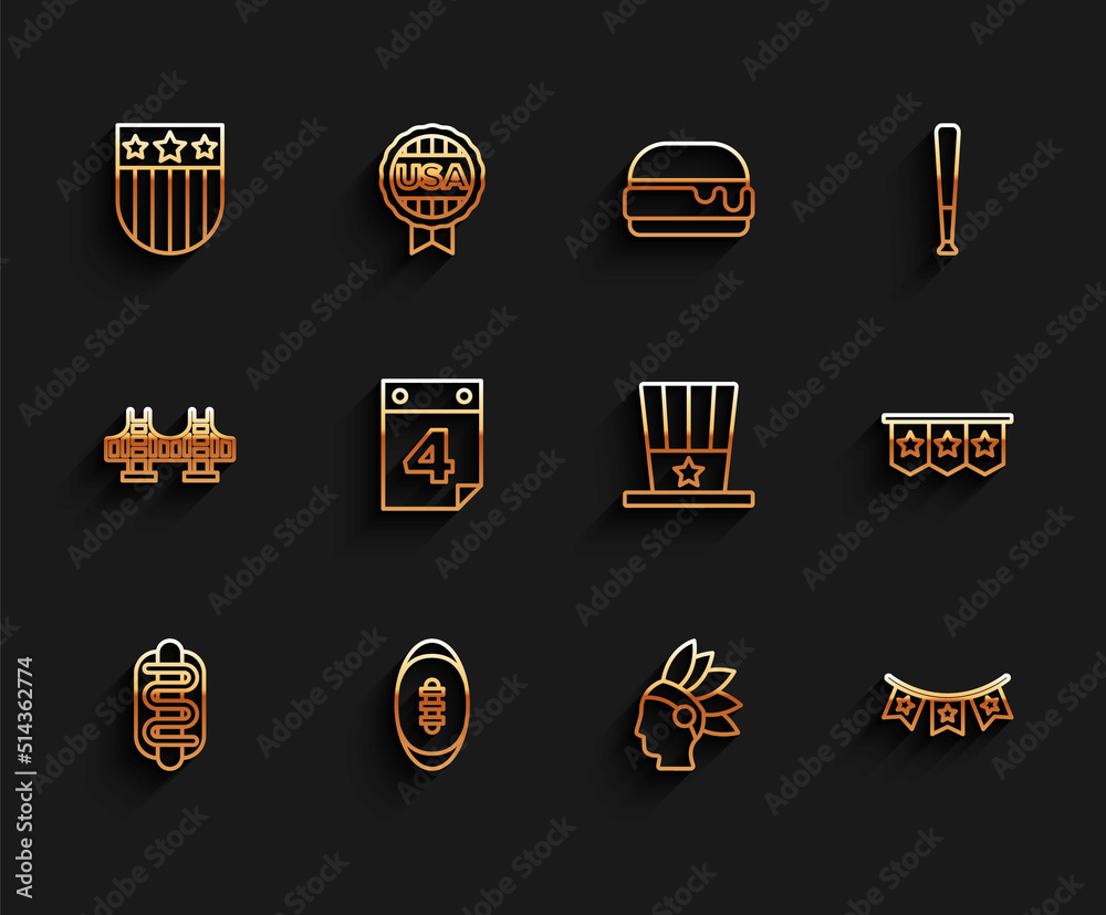 Set line Hotdog sandwich, American Football ball, Shield with stars, Native Indian, Carnival garland flags, Calendar date July 4, and Patriotic top hat icon. Vector Set line Hotdog sandwich, American Football ball, Shield with stars, Native Indian, Carnival garland flags, Calendar date July 4, and Patriotic top hat icon. Vector
