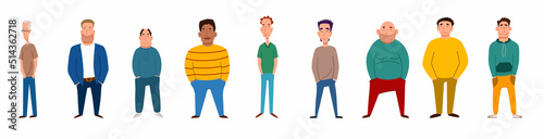 a set of men of different nationalities, physique and age, with their hands in their pockets. Vector illustration in a flat cartoon style.