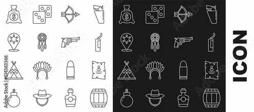 Set line Gun powder barrel, Wanted western poster, Dynamite bomb, Bow and arrow in quiver, Dream catcher with feathers, Hexagram sheriff, Money bag and Revolver gun icon. Vector