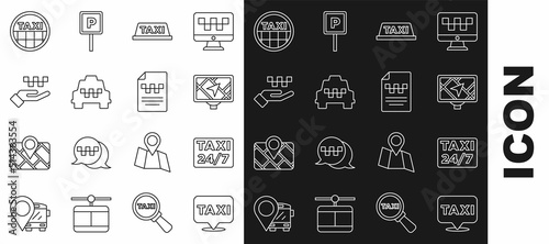 Set line Location with taxi, Gps device map, Taxi car roof, Hand, and driver license icon. Vector