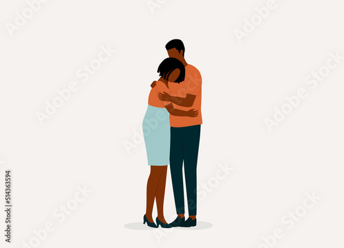 Emotional Black Married Couple Having Reconciliation After A Fight, Husband And Wife Hugging Each Other. Full Length. Character, Cartoon.