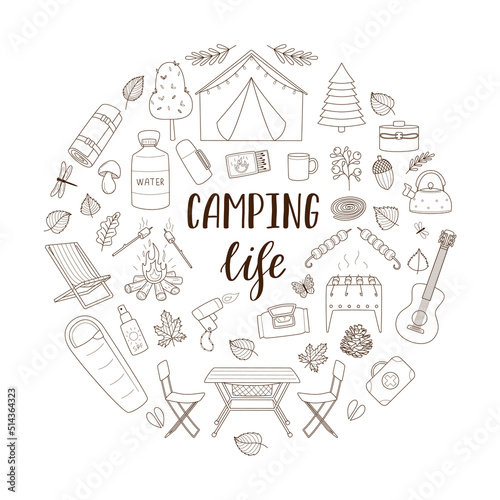 Doodle set of hiking equipment for travel, picnic, camping, tourism. Round composition as a print on clothes, postcards, web design. Outline vector illustrations isolated on a white background.