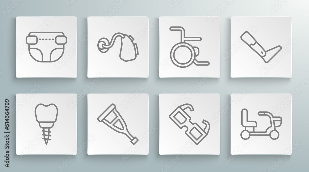 Set line Dental implant, Hearing aid, Crutch or crutches, Eyeglasses, Electric wheelchair, Wheelchair, Prosthesis leg and Adult diaper icon. Vector Set line Dental implant, Hearing aid, Crutch or crutches, Eyeglasses, Electric wheelchair, Wheelchair, Prosthesis leg and Adult diaper icon. Vector
