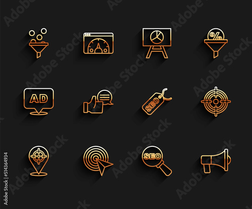 Set line Target, Lead management, SEO optimization, Megaphone, Customer product rating, and icon. Vector
