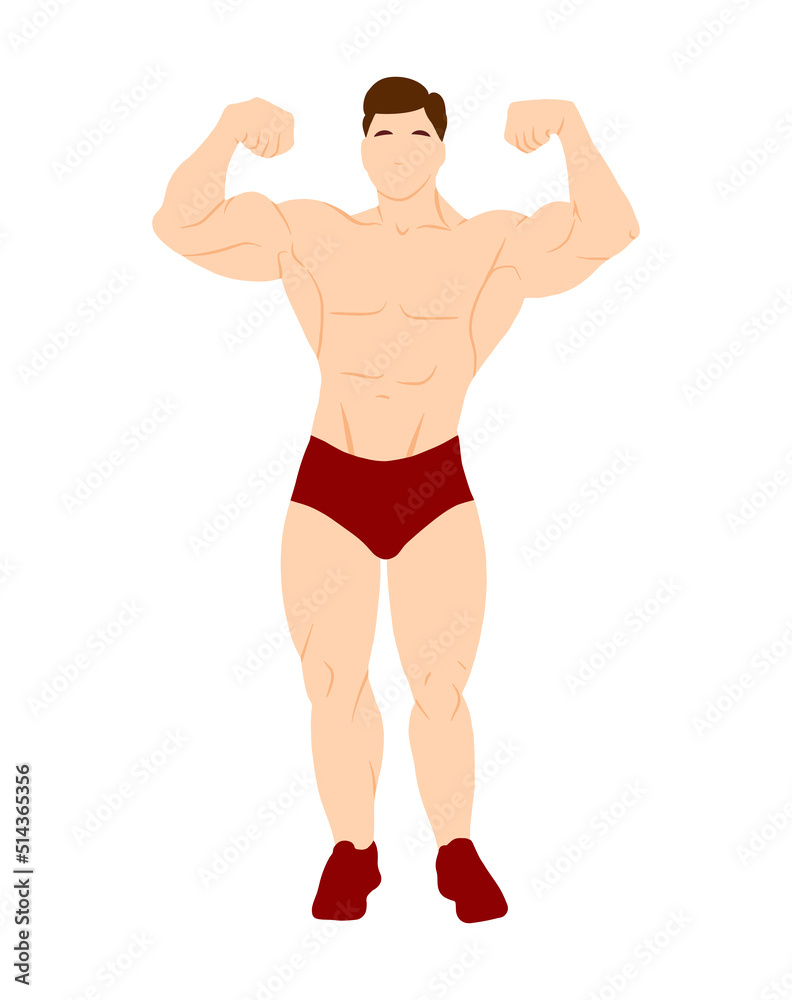 Young man bodybuilder character isolated on white background. Bodybuilding concept vector illustration in flat style. Cartoon full high body with muscles. Healthy sportive lifestyle