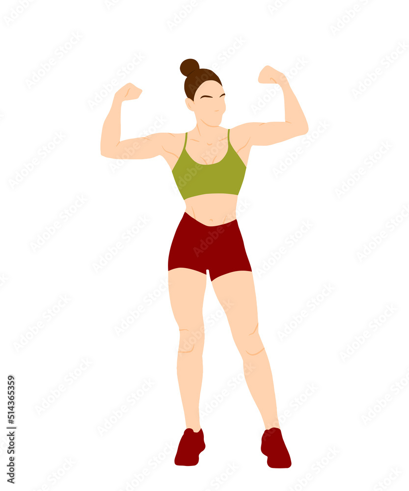 Young woman bodybuilder character isolated on white background. Bodybuilding concept vector illustration in flat style. Cartoon full high body with muscles. Healthy sportive lifestyle Young woman bodybuilder character isolated on white background. Bodybuilding concept vector illustration in flat style. Cartoon full high body with muscles. Healthy sportive lifestyle