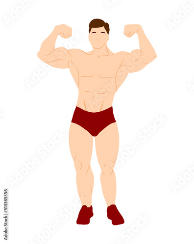 Young man bodybuilder character isolated on white background. Bodybuilding concept vector illustration in flat style. Cartoon full high body with muscles. Healthy sportive lifestyle