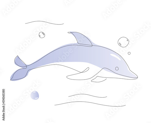 One line dolphin illustration. Sea life mammal line art vector. Cute fish outline