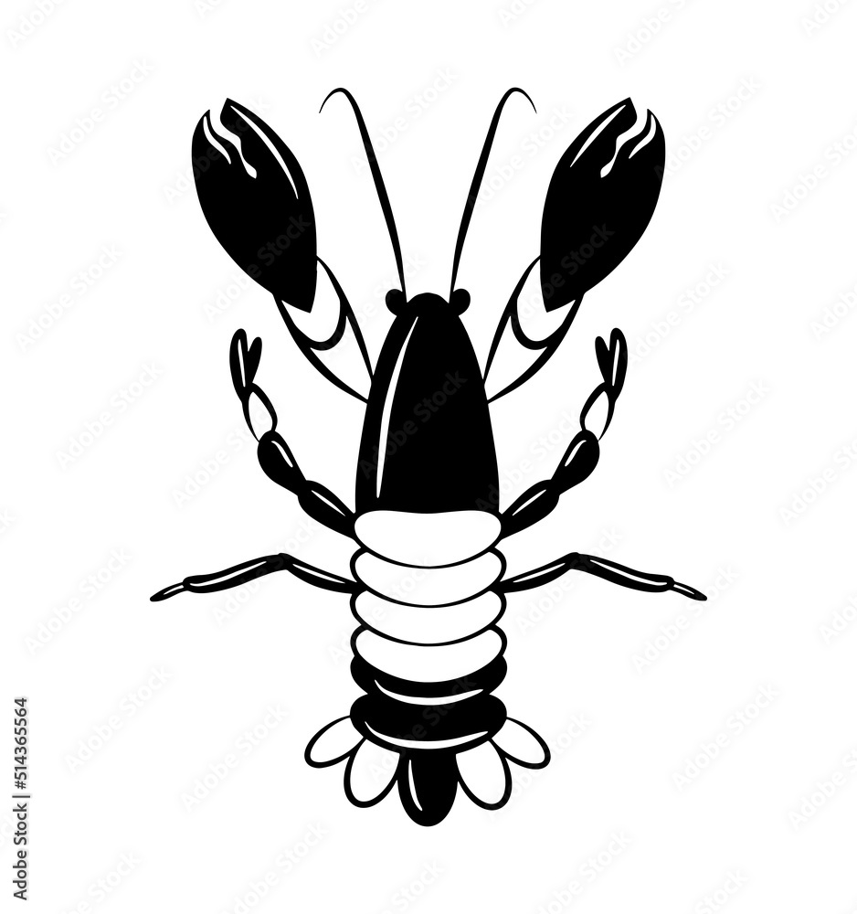 Lobster crustacean logo icon, graphic sea animal emblem, black fish shape sticker isolated on white background. Simple shellfish silhouette. Lobster crustacean logo icon, graphic sea animal emblem, black fish shape sticker isolated on white background. Simple shellfish silhouette.