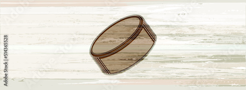 Hockey puck silhouette on a rectangular background with a wood texture in light gray-brown shades for text placement. Isolated element with wood burning effect.