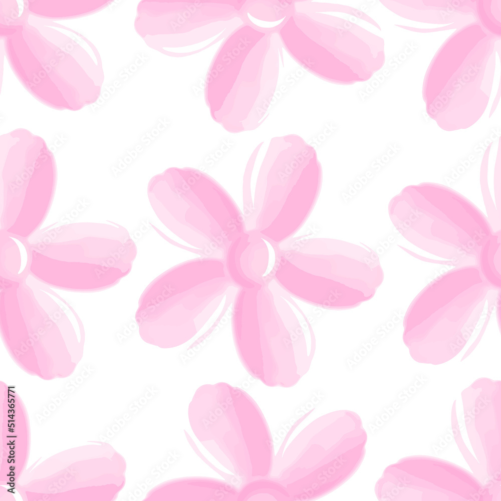 Seamless floral pattern isolated on white background. Pink vector flower, cartoon pastel illustration. Fabric print template, wallpaper or wrapping paper design.