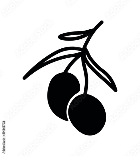 Olive branch ligo design element, simple vector illustration isolated on white background. Organic extra virgin olive oil branding label. Outline silhouette, graphic emblem design. Food shape print.