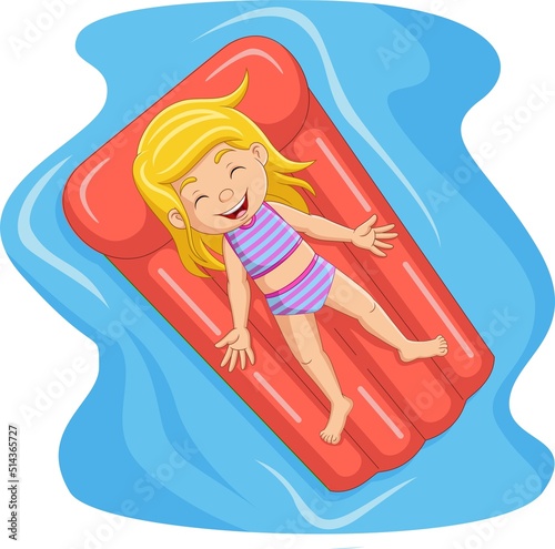 Cartoon little girl floats on inflatable mattress