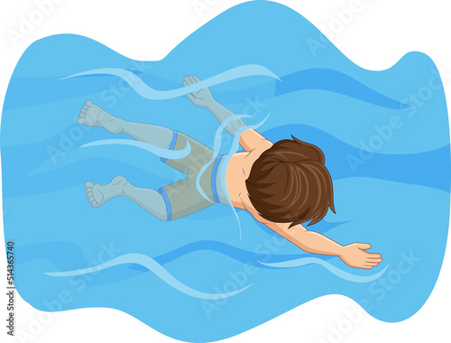 Cartoon little boy swimming in the pool