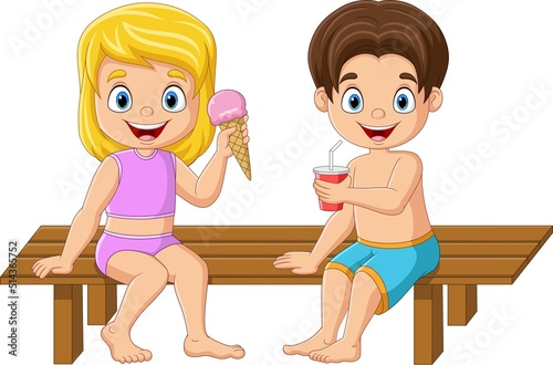 Little girl and boy eating ice cream and soda drink