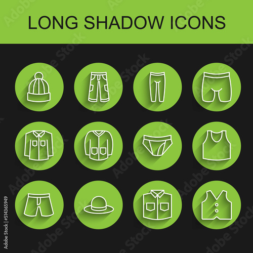 Set line Short or pants, Man hat, Winter, Shirt, Waistcoat, Sweater, Undershirt and Men underpants icon. Vector