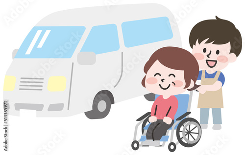 送迎車と介護士さんとデイサービス利用者さん  © shigotono