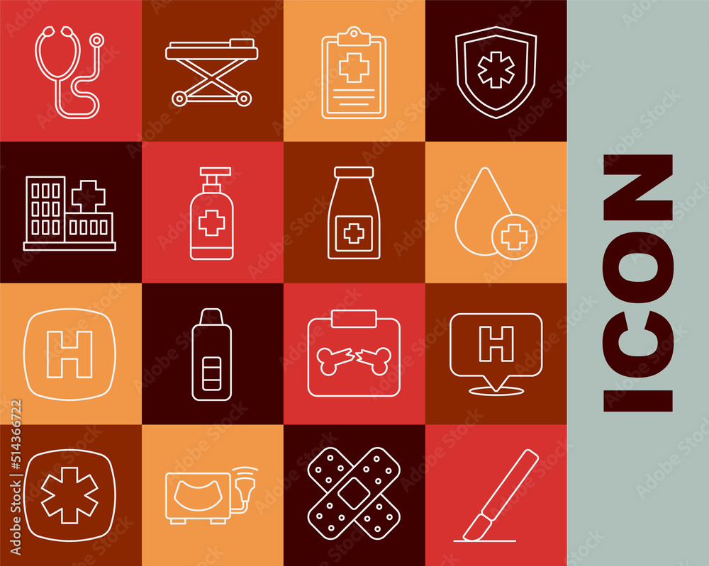 Set line Surgery scalpel, Location hospital, Donate drop blood, Patient record, Antibacterial soap, Hospital building, Stethoscope and Medicine bottle and pills icon. Vector Set line Surgery scalpel, Location hospital, Donate drop blood, Patient record, Antibacterial soap, Hospital building, Stethoscope and Medicine bottle and pills icon. Vector