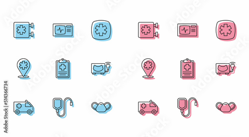 Set line Ambulance car, IV bag, Emergency - Star of Life, Medical protective mask, Patient record, Ultrasound, Location hospital and Monitor with cardiogram icon. Vector