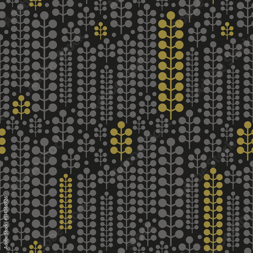 Seamless geometric pattern in dark colors. Vector seamless patterns with stylised plants. Pattern for fabrics, kitchen fabrics, textiles, etc. Black, grey and gold colors.