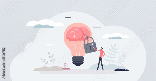 Intellectual property and legal copyright protection tiny person concept. Patent protection for new innovations, ideas and patents vector illustration. Author security for information piracy threat.