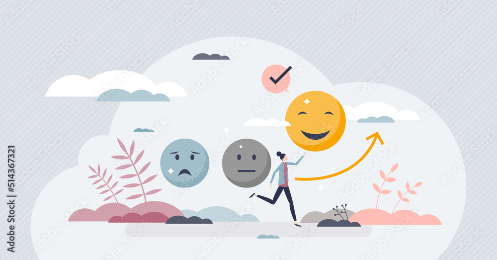 Positive psychology as focus on well being attitude tiny person concept. Emotions and feelings improvement after psychological sessions and therapy treatment vector illustration. Change mind behavior. - obrazy, fototapety, plakaty 
